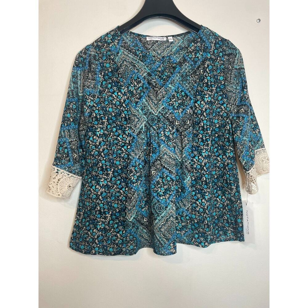 Notations Womens Blouse Multicolor PL Half Sleeve Tie Peasant Crochet Detail
